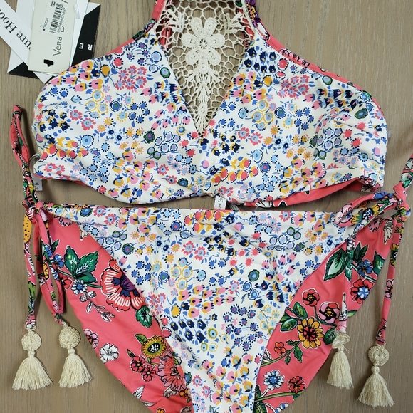 Vera Bradley Hi Neck Coral Reversible Floral Matching Bikini Set Tassels Crochet - Picture 6 of 13